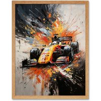 Artery8 Wall Art Print Yellow Race Car Racing Scene Modern Spatter Art Framed in Light Oak | Size: W12" x H16"