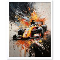 Artery8 Wall Art Print Yellow Race Car Racing Scene Modern Spatter Art Framed in White | Size: W12" x H16"