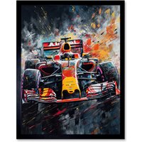 Artery8 Wall Art Print Race Car Driver Racing Action Shot Painting Art Framed in Black | Size: W12" x H16"