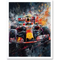 Artery8 Wall Art Print Race Car Driver Racing Action Shot Painting Art Framed in White | Size: W12" x H16"