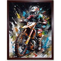 Artery8 Wall Art Print Motocross Race Driver Number 7 Racing Action Shot Art Framed in Brown | Size: W12" x H16"