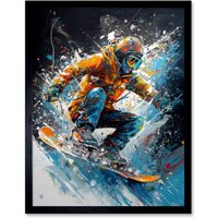 Artery8 Wall Art Print Snowboarder Landing Snowboard Jump Splatter Paint Art Framed in Black | Size: W12" x H16"