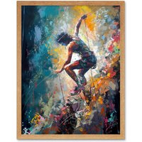 Artery8 Wall Art Print Rock Climber Multicoloured Mountain Cliff Descent Art Framed in Light Oak | Size: W12" x H16"