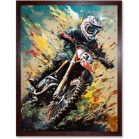 Artery8 Wall Art Print Motocross Race Sport Driver Action Shot Painting Art Framed in Brown | Size: W12" x H16"