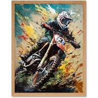 Artery8 Wall Art Print Motocross Race Sport Driver Action Shot Painting Art Framed in Light Oak | Size: W12" x H16"