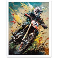 Artery8 Wall Art Print Motocross Race Sport Driver Action Shot Painting Art Framed in White | Size: W12" x H16"