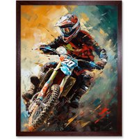 Artery8 Wall Art Print Motocross Race Driver Sport Action Shot Painting Art Framed in Brown | Size: W12" x H16"