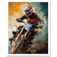 Artery8 Wall Art Print Motocross Race Driver Sport Action Shot Painting Art Framed in White | Size: W12" x H16"