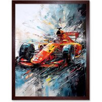 Artery8 Wall Art Print Orange Race Car Grand Prix Action Shot Painting Art Framed in Brown | Size: W12" x H16"