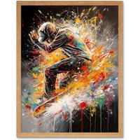 Artery8 Wall Art Print Skateboarder Vibrant Splat Paint Action Shot Art Framed in Light Oak | Size: W12" x H16"