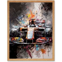 Artery8 Wall Art Print Race Car Grand Prix Multicoloured Modern Art Framed in Light Oak | Size: W12" x H16"