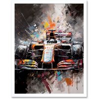 Artery8 Wall Art Print Race Car Grand Prix Multicoloured Modern Art Framed in White | Size: W12" x H16"