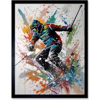 Artery8 Wall Art Print Skier Skiing Multicoloured Paint Splat Action Shot Art Framed in Black | Size: W12" x H16"