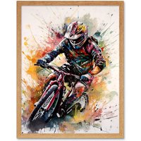 Artery8 Wall Art Print Mountain Biker Action Shot Paint Splat Portrait Art Framed in Light Oak | Size: W12" x H16"