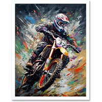 Artery8 Wall Art Print Motocross Race Action Shot Paint Splat Portrait Art Framed in White | Size: W12" x H16"