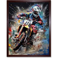 Artery8 Wall Art Print Motocross Race Action Shot Extreme Sport Painting Art Framed in Brown | Size: W12" x H16"