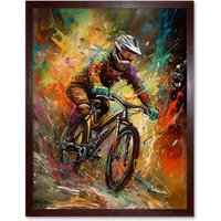 Artery8 Wall Art Print Mountain Biker Paint Splat Portrait Action Shot Art Framed in Brown | Size: W12" x H16"