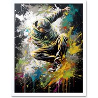 Artery8 Wall Art Print Break Dancer B-Boy Dancing Splatter Paint Portrait Art Framed in White | Size: W12" x H16"