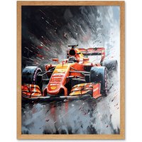 Artery8 Wall Art Print Race Car & Driver Grand Prix Orange & Grey Art Framed in Light Oak | Size: W12" x H16"