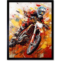 Artery8 Wall Art Print Motocross Race Motorcycle Sport Oil Painting Art Framed in Black | Size: W12" x H16"