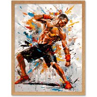 Artery8 Wall Art Print Martial Arts Kickboxer Athlete Splat Paint Art Framed in Light Oak | Size: W12" x H16"