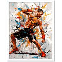 Artery8 Wall Art Print Martial Arts Kickboxer Athlete Splat Paint Art Framed in White | Size: W12" x H16"