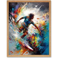 Artery8 Wall Art Print Surfer Surfing on Rainbow Paint Splat Waves Art Framed in Light Oak | Size: W12" x H16"