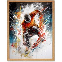Artery8 Wall Art Print Extreme Sports Snowboarding Paint Splat Portrait Art Framed in Light Oak | Size: W12" x H16"