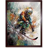 Artery8 Wall Art Print Skier Skiing Winter Sport Paint Splat Painting Art Framed in Brown | Size: W12" x H16"