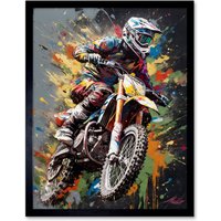 Artery8 Wall Art Print Dirt Bike Sport Splatter Paint Motocross Rider Art Framed in Black | Size: W12" x H16"