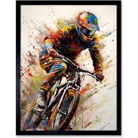 Artery8 Wall Art Print Mountain Biker Portrait Splat Paint Action Shot Art Framed in Black | Size: W12" x H16"