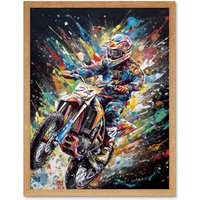 Artery8 Wall Art Print Motorcycle Motocross Rainbow Paint Splatter Art Framed in Light Oak | Size: W12" x H16"