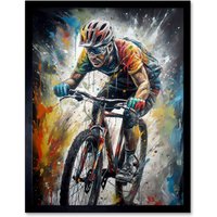 Artery8 Wall Art Print Bike Rider Racing Paint Splat Sport Bicycle Race Art Framed in Black | Size: W12" x H16"
