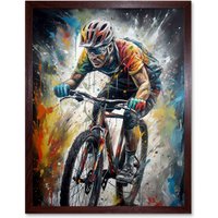 Artery8 Wall Art Print Bike Rider Racing Paint Splat Sport Bicycle Race Art Framed in Brown | Size: W12" x H16"