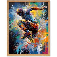Artery8 Wall Art Print Parkour Paint Splat Portrait Jump Action Shot Art Framed in Light Oak | Size: W12" x H16"