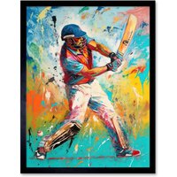 Artery8 Wall Art Print Cricket Shot Vibrant Cricketer Batsman Portrait Art Framed in Black | Size: W12" x H16"