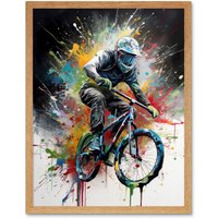 Artery8 Wall Art Print Mountain Biking Extreme Sport Paint Splat Portrait Art Framed in Light Oak | Size: W12" x H16"