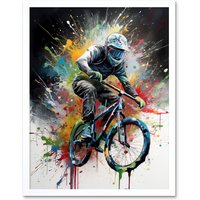 Artery8 Wall Art Print Mountain Biking Extreme Sport Paint Splat Portrait Art Framed in White | Size: W12" x H16"