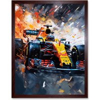 Artery8 Wall Art Print Grand Prix Race Car in Action on Track Circuit Art Framed in Brown | Size: W12" x H16"