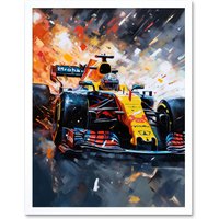 Artery8 Wall Art Print Grand Prix Race Car in Action on Track Circuit Art Framed in White | Size: W12" x H16"