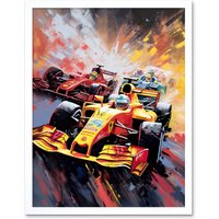 Artery8 Wall Art Print Grand Prix Championship Cars Racing on Track Art Framed in White | Size: W12" x H16"