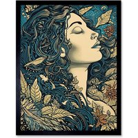 Artery8 Wall Art Print Mother Nature Modern Boho Art Nouveau Linocut Art Framed in Black | Size: W12" x H16"