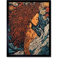 Artery8 Wall Art Print Sea Water Nymph Modern Art Nouveau Linocut Art Framed in Black | Size: W12" x H16"
