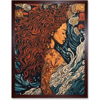 Artery8 Wall Art Print Sea Water Nymph Modern Art Nouveau Linocut Art Framed in Brown | Size: W12" x H16"