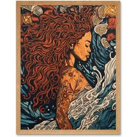 Artery8 Wall Art Print Sea Water Nymph Modern Art Nouveau Linocut Art Framed in Light Oak | Size: W12" x H16"