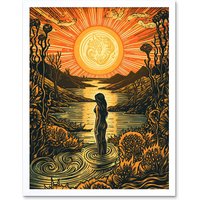 Artery8 Wall Art Print Woman Bathing in Creek at Sunset Modern Linocut Art Framed in White | Size: W12" x H16"