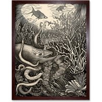 Artery8 Wall Art Print Aquatic Animals & Plants Linocut Art Framed in Brown | Size: W12" x H16"