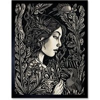 Artery8 Wall Art Print Woman with Crow in a Field Black & White Linocut Art Framed | Size: W12" x H16"