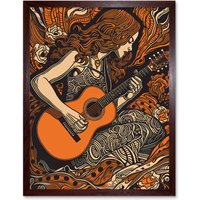Artery8 Wall Art Print Woman Playing Guitar Music in Rose Flower Field Art Framed in Brown | Size: W12" x H16"