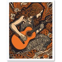 Artery8 Wall Art Print Woman Playing Guitar Music in Rose Flower Field Art Framed in White | Size: W12" x H16"